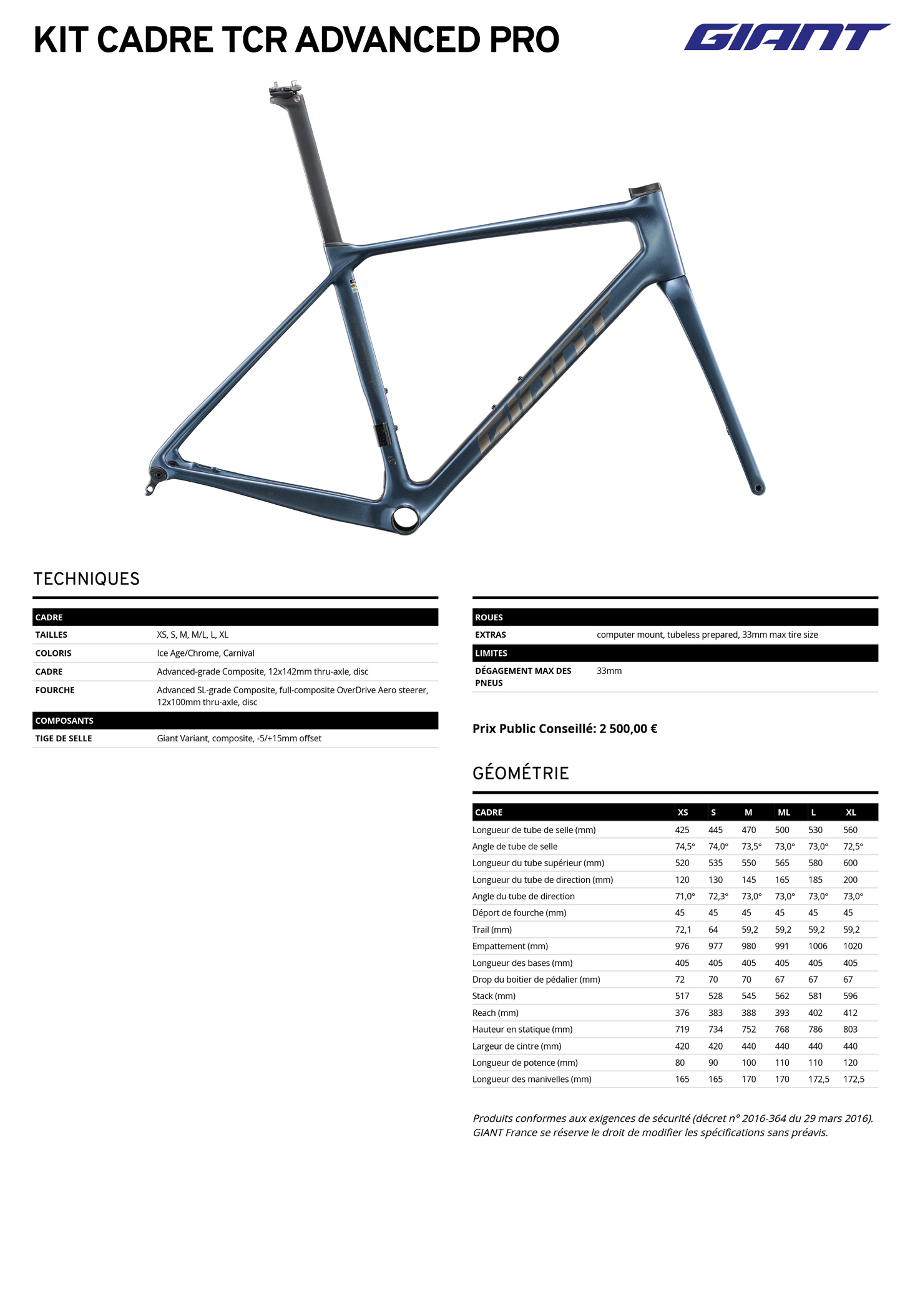 Fiche technique du kit cadre du velo Kit Cadre TCR Advanced Pro année 2026